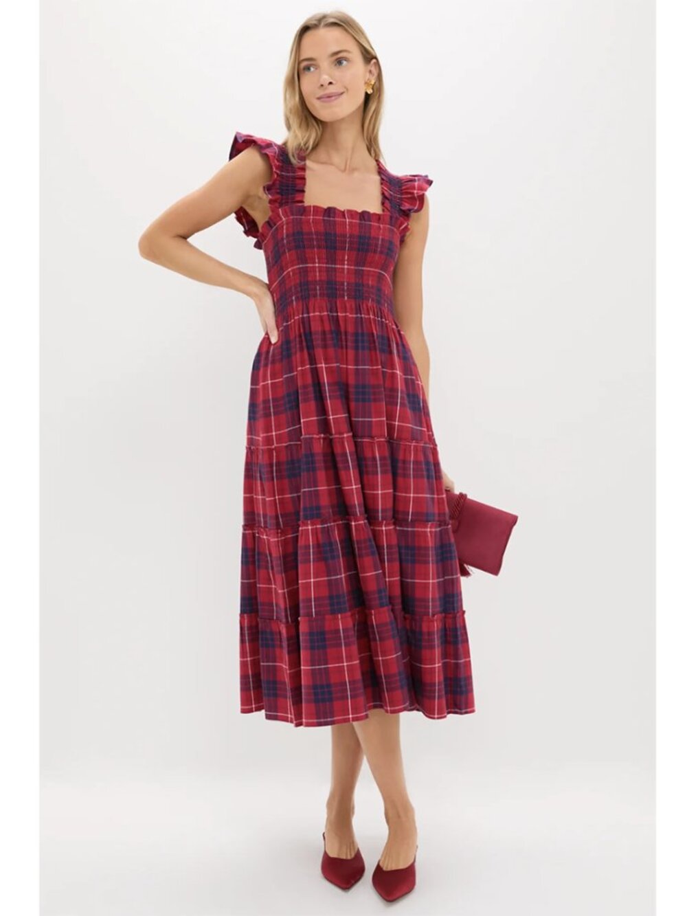 Hill House Home Cherry Tartan Ellie Nap Midi Dress Small Smocked Pockets Cotton